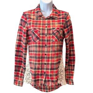 Anthropologie Plaid Flannel Shirt with Lace Inserts –‎ XS Western Boho Vibes 🌾